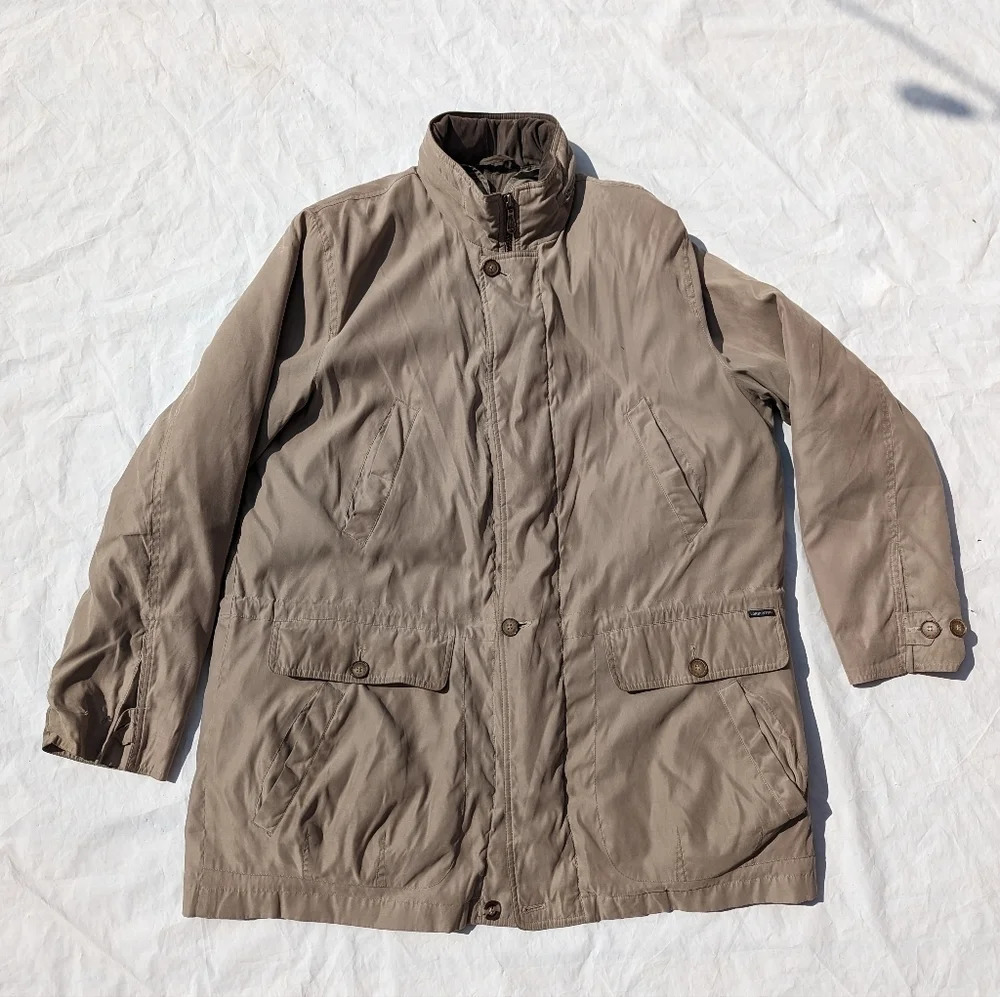 London Fog Men's Jacket XL Button Lining Beige Green - All Season - Zipped Hood